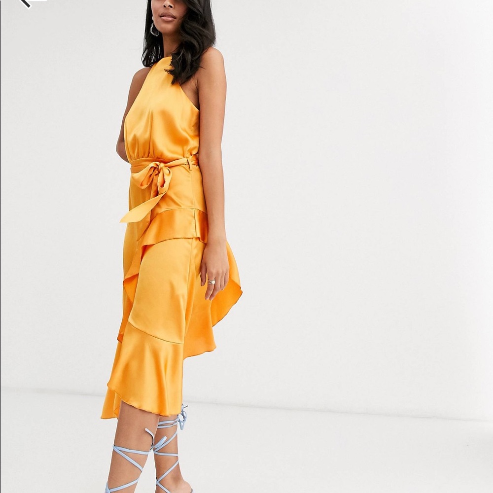 Forever U Collection Halter Neck Wrap Tie Ruffle Dress in Orange